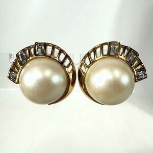 Richelieu Gold Tone Faux Pearl Rhinestone Earrings‎ Vintage Art Deco Style